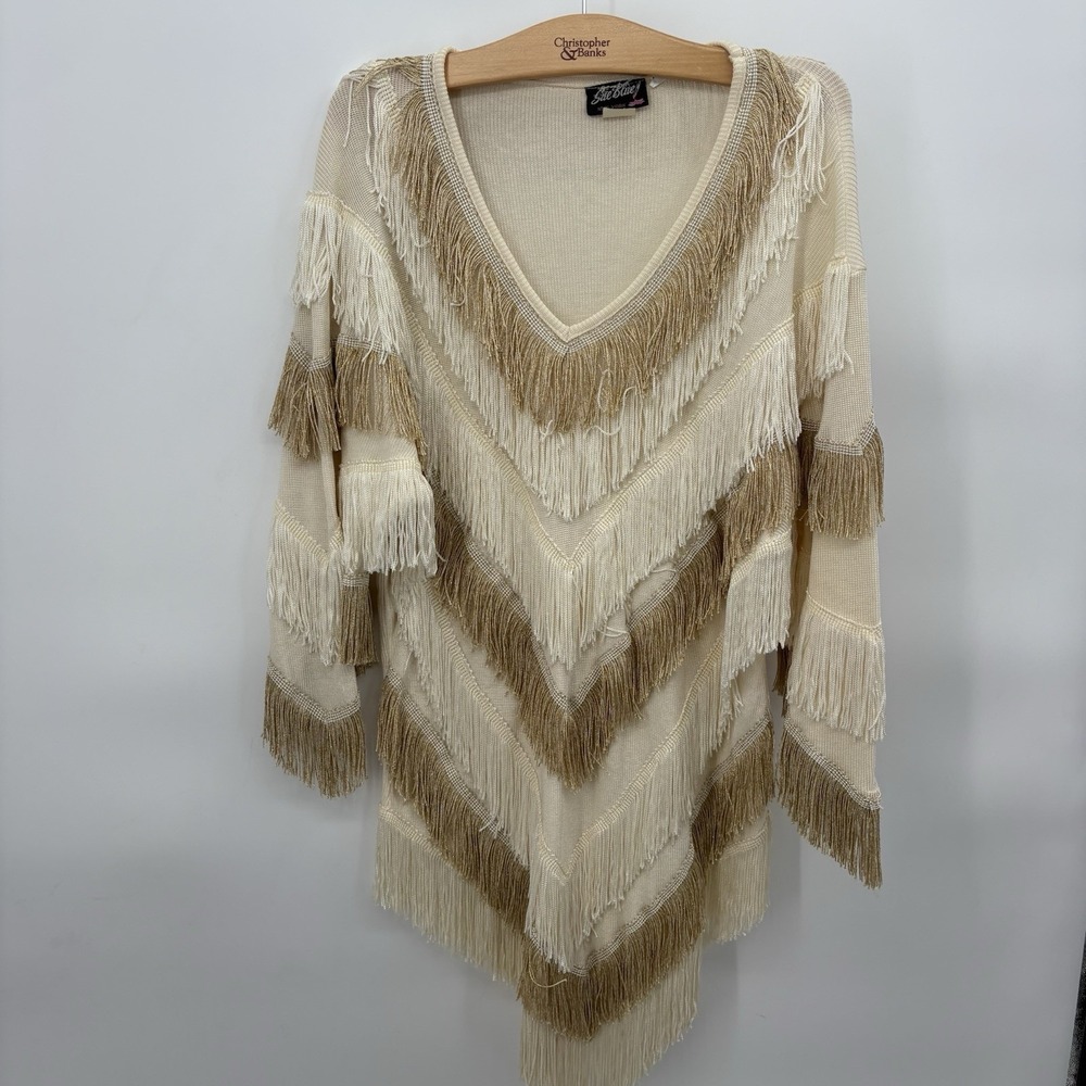 Vtg 80s Fringe Flapper T Shirt‎ Dress Size Small V Neck Neutral Colors USA #23F